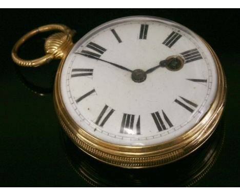 An 18ct gold key wound open-faced pocket watch,by I Wing, Braintree.  The case 41mm diameter, with white enamel dial, black R