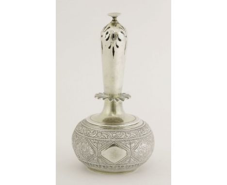 A Victorian novelty parcel-gilt caster, by George Fox, London 1869, modelled as a Persian rosewater flask, 9.5cm high