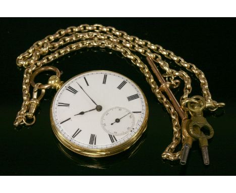 A gold open-faced key wound pocket watch,by Dent, with white enamel dial, black Roman numerals, subsidiary seconds dial and b