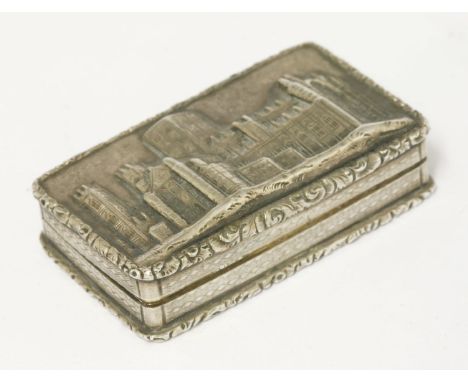A Victorian silver 'York Minster' castle-top vinaigrette,by Nathaniel Mills, Birmingham 1842,of rectangular form, the cover w