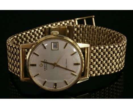 A gentlemen's 9ct gold Certina Automatic blue ribbon watch,on a later 9ct gold Milanese bracelet.  A silvered dial with gold 