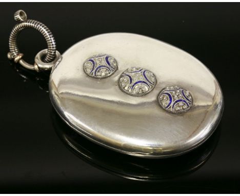 A Russian silver and enamel locket, late 19th century,of oval form, with three applied twisted wire bosses with royal blue en