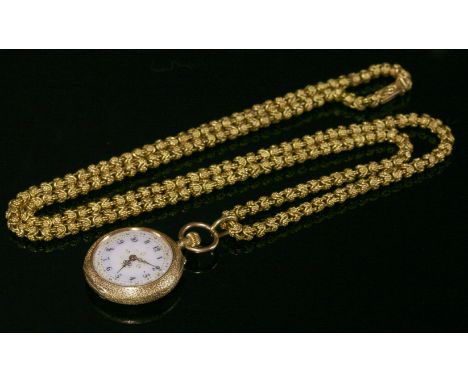 A Swiss gold fob watch,with white enamel dial and black Arabic numerals.  Aesthetic Movement decoration to the case with a te