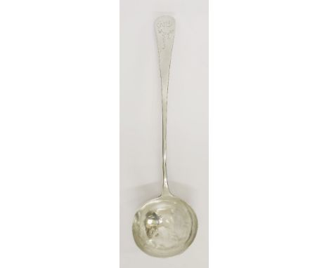 A George III provincial silver old english pattern soup ladle, by Thomas Eustace, Exeter, probably 1781,engraved with initial