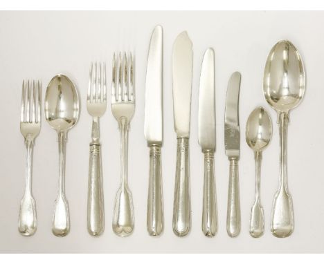 A William IV/Victorian composite silver fiddle and thread pattern flatware service,mixed dates and makers,comprising:12 table