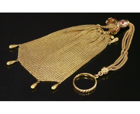 A Victorian ruby and diamond set gold miser's purse,with a fine mesh link purse with diagonally ridged pippin drops.  A slidi
