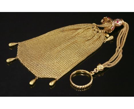 A Victorian ruby and diamond set gold miser's purse,with a fine mesh link purse with diagonally ridged pippin drops.  A slidi