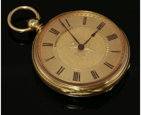 A Swiss open-faced 18ct gold key wound pocket watch,the dial signed 'Camerer, Kuss & Co.', the case 40mm diameter, gold chase