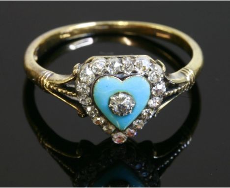 An Edwardian diamond and enamel heart-shaped cluster ring,with an old Swiss cut diamond set to a turquoise blue enamel heart-