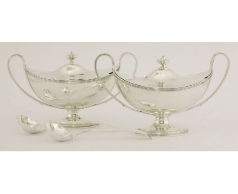 A pair of George III silver two-handled sauce tureens and covers,by Henry Chawner, London 1790,of boat shape on pedestal oval