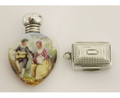 An Edwardian silver-mounted porcelain scent bottle,maker's mark unclear, London 1903,of teardrop shape, decorated with a scen