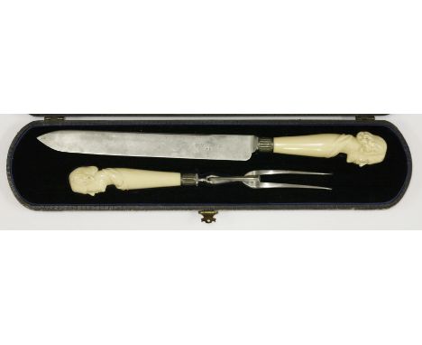 A pair of Victorian figural ivory carvers,The knife handle modelled as the bust of William Shakespeare,the steel blade impres