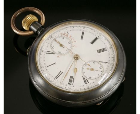A gunmetal Mensor double-sided open-faced chronograph tachymeter pocket watch,white enamel dial with two subsidiary dials, go