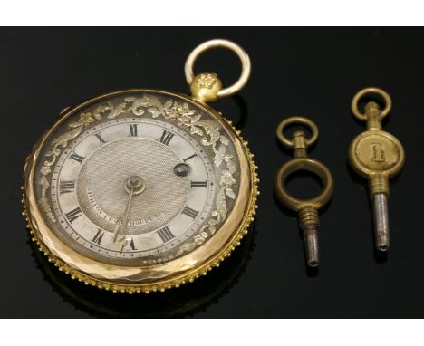 A three-colour gold key wound Swiss open-faced pocket watch, c.1830,by Esquivillon et De Choudens.  An engine turned silver d