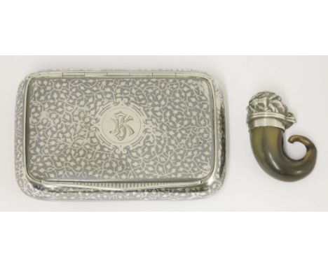 A 19th century Austro-Hungarian niello work snuff box,of oblong form decorated with trailing leaves, monogrammed, gilt interi