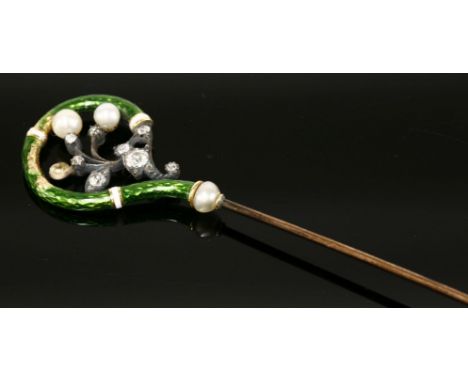 A late Victorian pearl, diamond and enamel gold hat pin,of shepherd's crook form.  The curved crook with green guilloché enam
