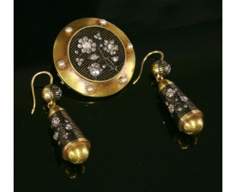 A Continental diamond and enamel brooch and earring suite, c.1880,the earrings with a ball top and cinquefoil cluster of rose