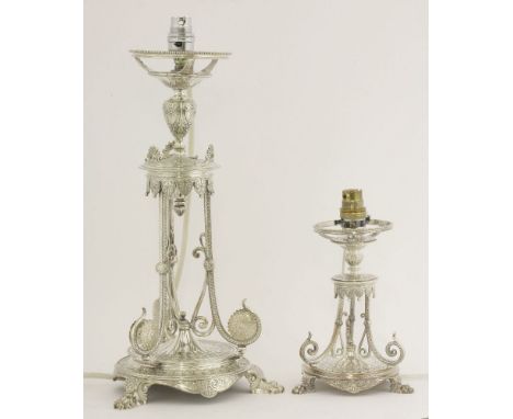 A silver-plated lamp,by Elkington & Co. Ltd., converted from a comport stand, the wire work frame on spreading circular base 