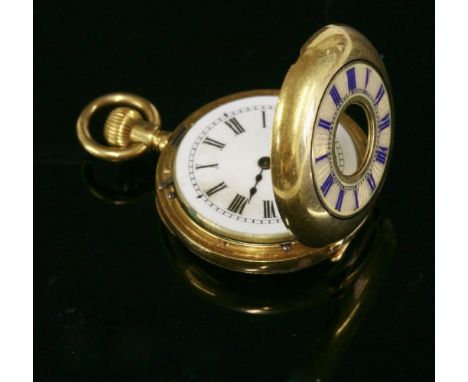 An 18ct gold half hunter fob watch,with pink guilloché enamel chapter ring with blue Roman numerals.  White enamel dial, hand