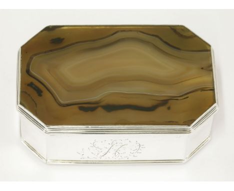 A George III silver-mounted agate table snuff box,unmarked,of rectangular form with canted corners and reeded borders,monogra