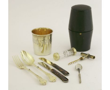 A 19th century French silver gilt travelling campaign set,Paris c.1865/70,comprising:a beaker,by Cesar Tonnilier,of tapering 