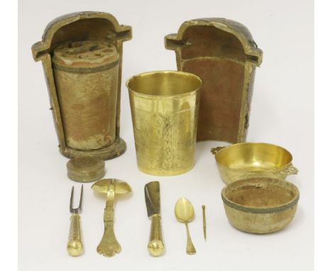 A Continental gilt metal campaign set,probably late 17th century German,comprising a large beaker,of tapering circular form e