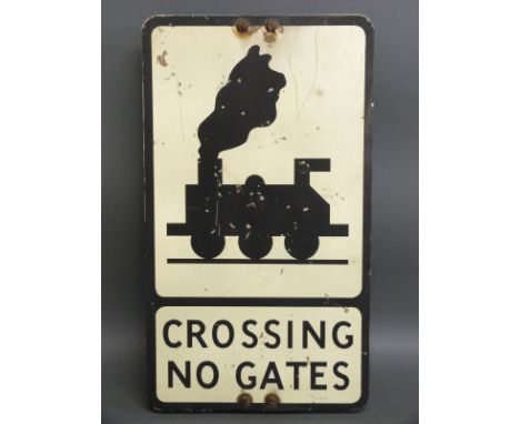 A vintage railway 'crossing no gates' road sign, obtained by the vendor from Castle Caereinion Powys on the Welshpool & Llanf
