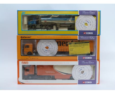 Three Corgi limited edition 1:50 scale diecast model lorries TNT 75701, Continental 75802 and Jet 74302, all in original boxe