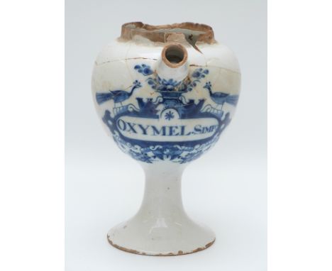 A 17th/18thC Oxymel Simp pedestal drug/apothecary jar (22cm tall)