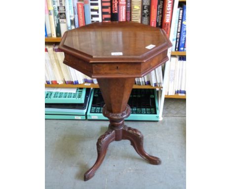 A 19thC walnut octagonal work or sewing table with hinged lid, raised on a moulded tripod base (H72cm x 42cm diameter)