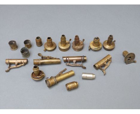Eighteen brass powder flask tops, many named including P.Frith, G & J Hawksley, JH, James Dixon etc. 