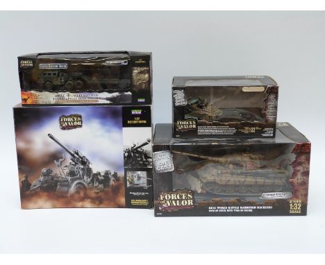 Four Unimax Forces of Valor 1:32 scale diecast model military vehicles German King Tiger tank 80000, German 88mm Flak Gun 800