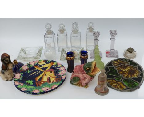 Stained glass panel, ceramic chargers, glass candlesticks, inkwell etc