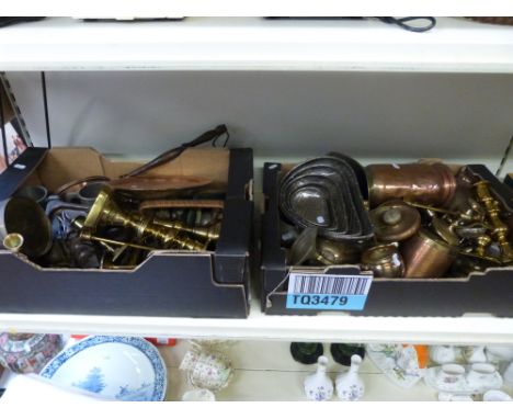 A collection of plated and metalware including teaware, candlestick, unusual toast rack/egg cruet, candelabra, copperware, cu