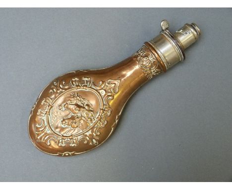 G & J.W. Hawksley copper and white metal powder flask with embossed decoration of three horses' heads, 21cm long. 