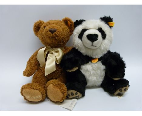 Two Steiff teddy bears, Panda 064258 and 2010 Brown Cozy bear 663413