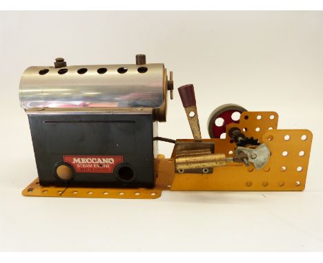 Mamod M.E.C.1. live steam Meccano stationary steam engine with oscillating cylinder and reversing lever on Meccano style base