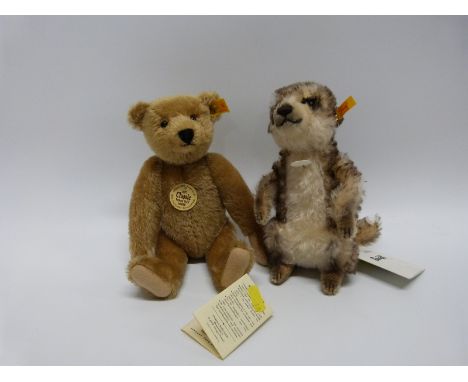 Two Steiff original teddy bears, one in the form of a meerkat (21cm tall) the other a 1905 replica with blonde mohair and joi