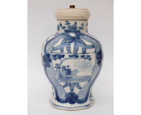 A 19thC Chinese blue and white vase with figural decoration and six character mark to base, converted to a lamp (height 20cm)
