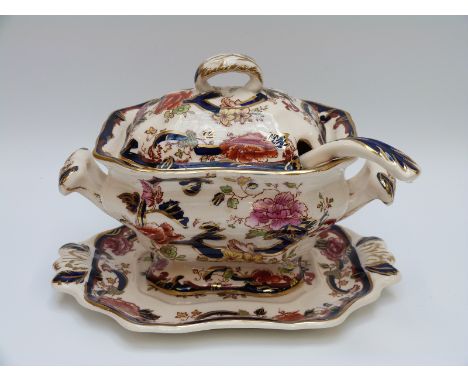 Mason's Mandalay sauce tureen, ladle and underplate