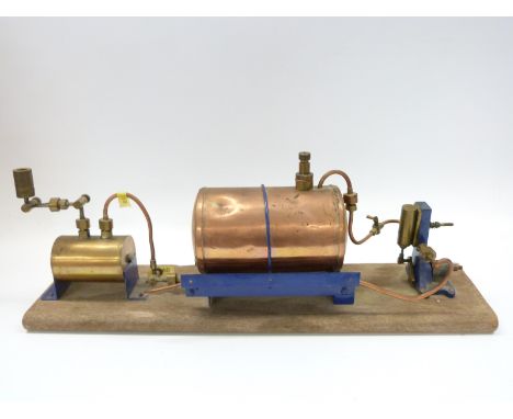 A live steam marine engine on wooden base with gas fired copper boiler and single action oscillating cylinder