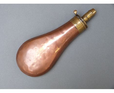 Sykes copper and brass powder flask, 20.5cm long. 