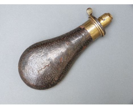 Sykes Extra Quality powder flask with embossed leather covered metal body and brass top, 20cm long. 