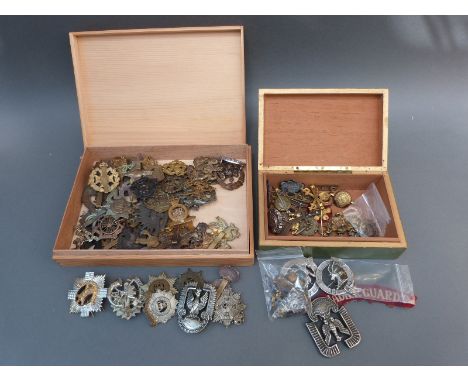 A collection of 50 British army cap badges together with a collection of lapel badges and buttons