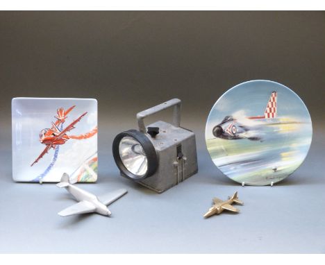 A Bardic railway lamp, aluminium model Hurricane, brass Harrier and two collectors' plates