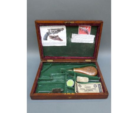 A brass inlaid wooden pistol / revolver box with fitted felt lined interior, copper powder flask with embossed decoration, tw