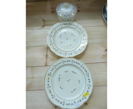 A 19thC Derby porcelain lidded sucrier and two Bloor Derby plates