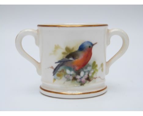 Royal Worcester hand decorated miniature tyg with puce mark (4cm tall)