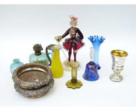 Eight pieces of coloured glassware including a mercury glass goblet, Murano figure of a lady, oil lamp etc together with a pa