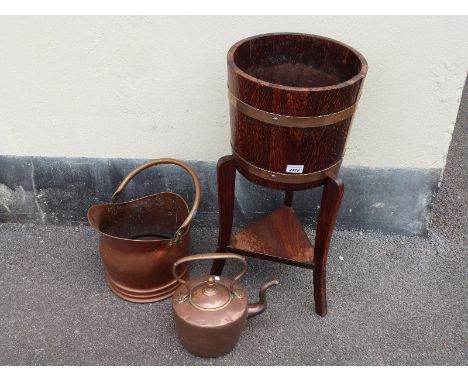 A Lister jardiniere, copper kettle and similar coal scuttle
